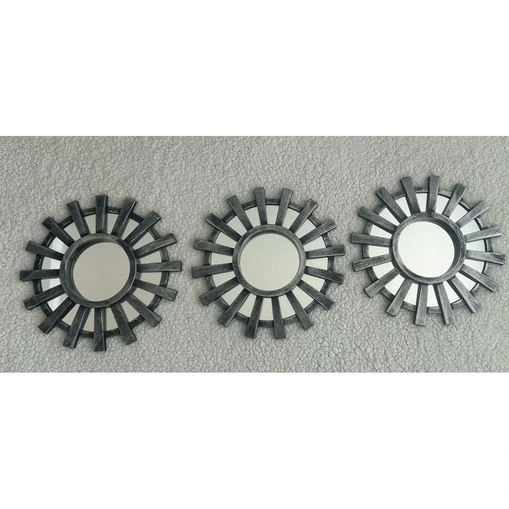 Set Of 3 Sunburst Framed Accent Wall Mirrors Brushed Silver & Black Decor Mirror